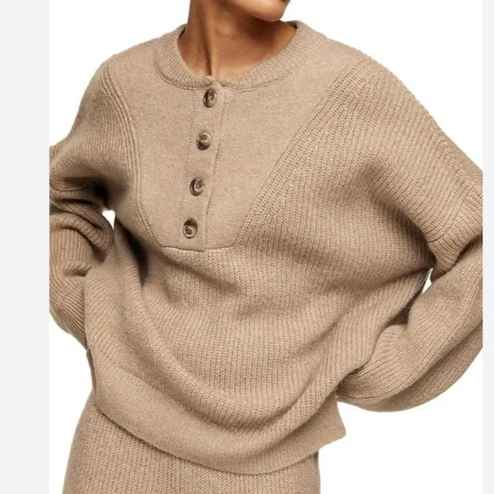 A.N.A Beige‎ Henley Oversized Knit Sweater Size XS